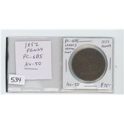 Province of Canada 1852 Penny Token. PC-6B5. Large 2, Heaton Mint. AU-50.