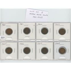Lot of 8 U.S. Indian Head cents 1900-1908: 1900, 1901, 1902, 1903, 1905, 1906, 1907, 1908. All with 
