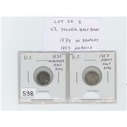 Lot of 2 U.S. silver half dimes: 1839 No Drapery; 1853 Arrows. Both with readable dates.
