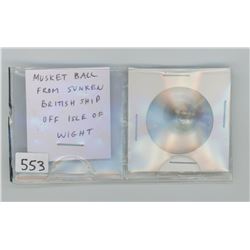 Musket ball from sunken British ship off the Isle of Wight.