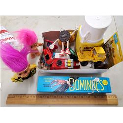 LOT OF VINTAGE TOYS - 2 TROLLS, SET OF DOMINOS, METAL TRUCKS & CARS, ETC.
