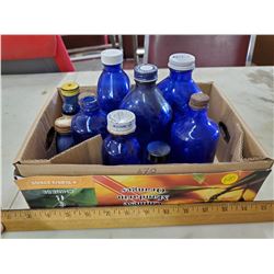 LOT OF BLUE MEDICINE BOTTLES