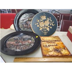 2 CHALKWARE PLAQUES AND 2 WILDLIFE SCENE PLATES