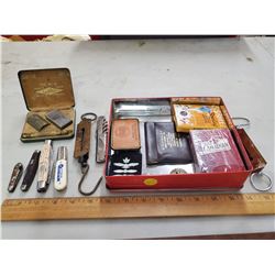 MINITURE SCALES, CARDS, BELT BUCKLE, POCKET KNIVES, ETC.