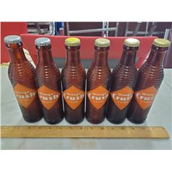 LOT OF 6 BROWN GLASS ORANGE CRUSH BOTTLES WITH CAPS