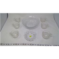 GLASS CUPS WITH PUNCH BOWL & CANDY DISH