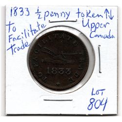 1833 HALF PENNY TOKEN TO FACILITATE TRADE UPPER CANADA