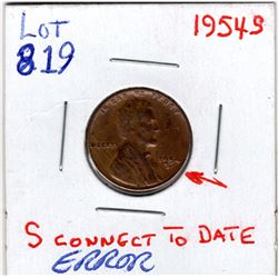 1954 ERROR USA 1 CENT S CONNECTED TO 95 IN DATE