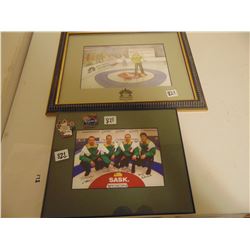 2 CURLING LAPEL PINS & NOKIA BRIER SIGNED PHOTO & SGI CURLING CLASSIC ART