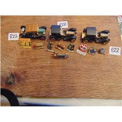 9 SAFEWAY PINS 60TH ANNIVERSARY & 3 VINTAGE LOOKING TOY VEHICLES
