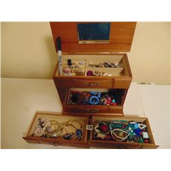 3 DRAWER WOOD JEWELRY BOX WITH COSTUME JEWELRY