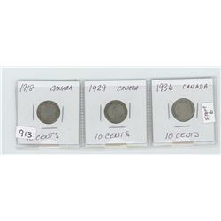 LOT OF 3 KING GEORGE 10 CENTS 1918, 1929, 1936