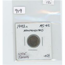 1942C NEWFOUNDLAND 5 CENTS (NICE TONING)