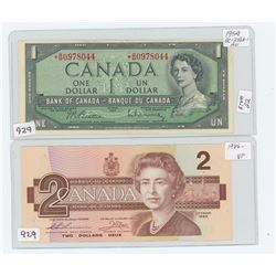 1954 ONE DOLLAR BILL (ASTERISK) & 1986 TWO DOLLAR BILL