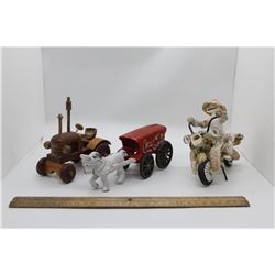 Wooden tractor, coca cola cast horse and wagon and sea shell motorcycle