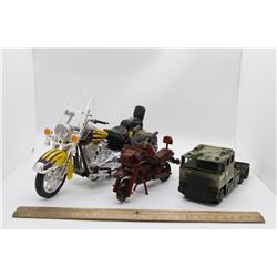 2 motorcycles and army truck