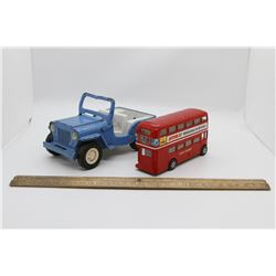Blue jeep and double decker bus