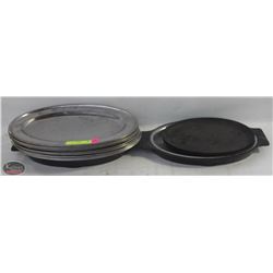 14 STAINLESS STEEL SERVING PLATTERS & 2 CAST IRON