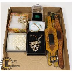 LOT OF JEWELRY AND LEATHER WATCH BANDS.