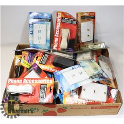 FLAT WITH ASSORTED PHONE WALL ITEMS, CORDS, RCA