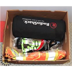 BOX  WITH RADIO SHACK BLANKET SAFETY VEST