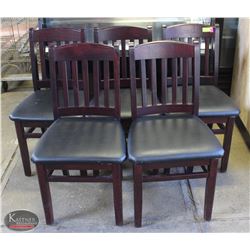 LOT OF 5 DARKWOOD PADDED LEATHERETTE DINING CHAIRS