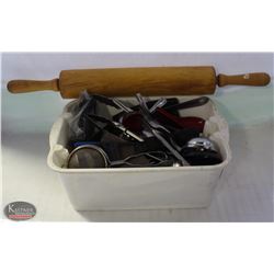 BAILIFF SEIZURE: TOTE OF ASSORTED UTENSILS INCL: