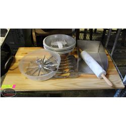 BOARD W/ ROLLING PIN, DOUGH CUTTER, 8-9" CAKE PANS