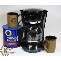 COFFEE POT, SEALED TIN OF COFFEE AND 2 COFFEE MUGS