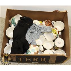 BOX OF NEW MUGS AND SOCKS