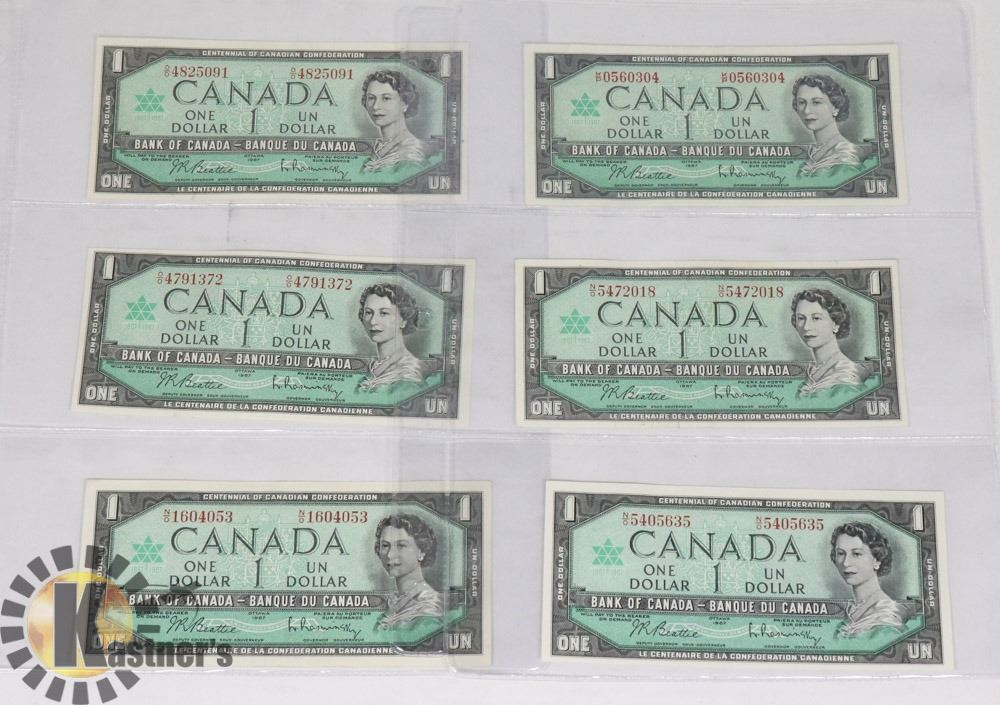 LOT OF SIX 1967 WITH PREFIX CANADIAN BANK NOTES.