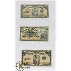 LOT OF 3 VINTAGE 1900-1923 CANADIAN 25 CENTS BANK