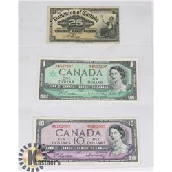 LOT OF 3 1900-1967 VARIOUS CANADIAN BANK NOTES.