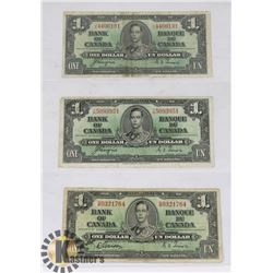 LOT OF THREE 1937 $1 DOLLAR CANADIAN BANK NOTES.