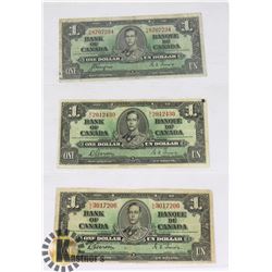 LOT OF THREE 1937 $1 DOLLAR CANADIAN BANK NOTES.