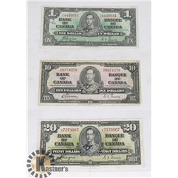 LOT OF THREE 1937 $1, $10 & $20 DOLLARS CANADIAN
