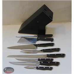 KNIFE BLOCK W/ KNIVES, FORK, SHARPENER & CLEAVER