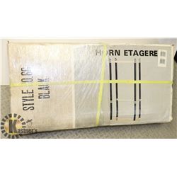 NEW BLACK METAL SHELF W/GLASS SHELVES.