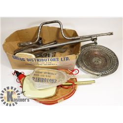 BOX OF ESTATE ANTIQUES & VINTAGE TOOLS.