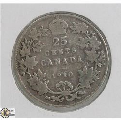 1910 CANADIAN KING EDWARD 25 CENT COIN