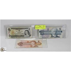 LOT OF 3 CANADIAN BILLS INCL 1986 $5 + $2 BILLS  &