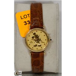 LADIES LEATHER BAND GOLD TONE MICKEY MOUSE WATCH
