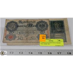 2 GERMAN BANKNOTES 20 MARK 1914, 10,000 1921