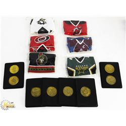 LOT OF 9 HOCKEY COINS & MINI JERSEYS.