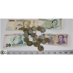 BOX OF FOREIGN CURRENCY - BILLS & COINS.