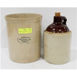 MEDALTA 1 GAL CROCK WITH SMALL CORKED JUG.