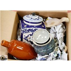 BOX OF CERAMIC VASES AND MORE.