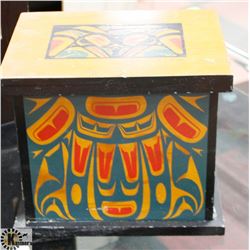 WOOD STORAGE BOX WITH INUIT ARTWORK, 10 X 9