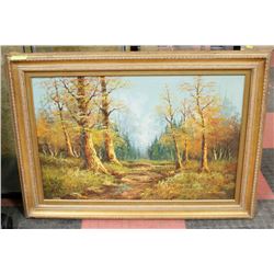 OLD OIL CANVAS PICTURE OF TREE OUTSIDE.