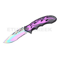 Flames Biker Design Spring Assist Knife 4.5" Closed Purple